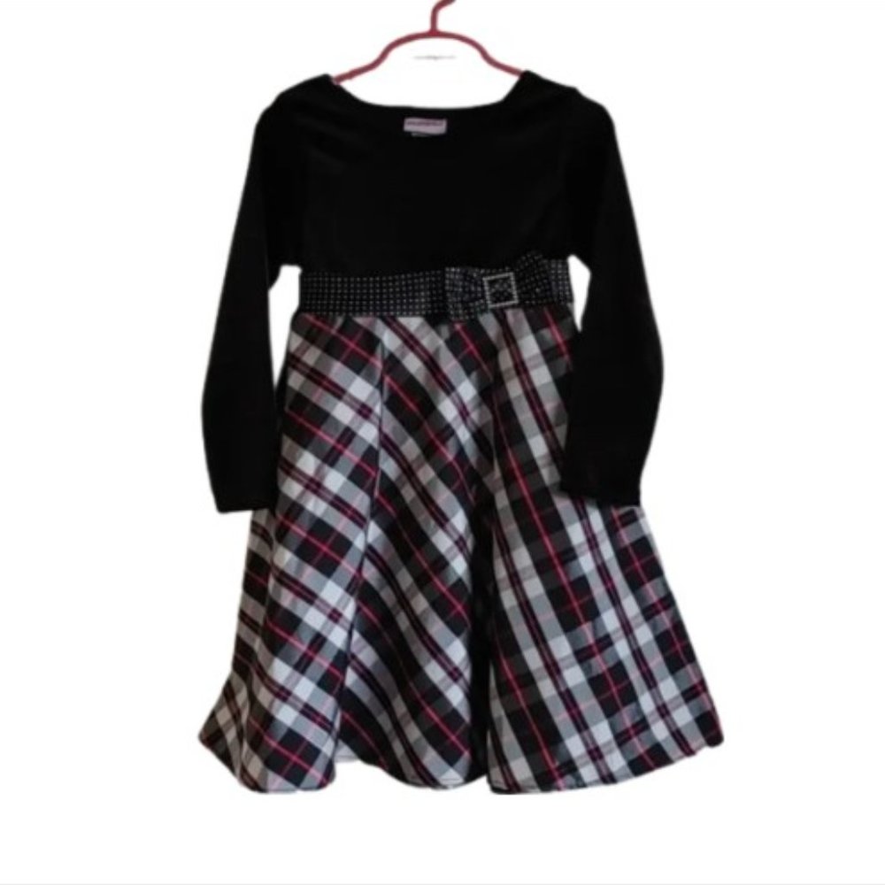 WHAT A DOLL Christmas dress black and white plaid long sleeves size 5